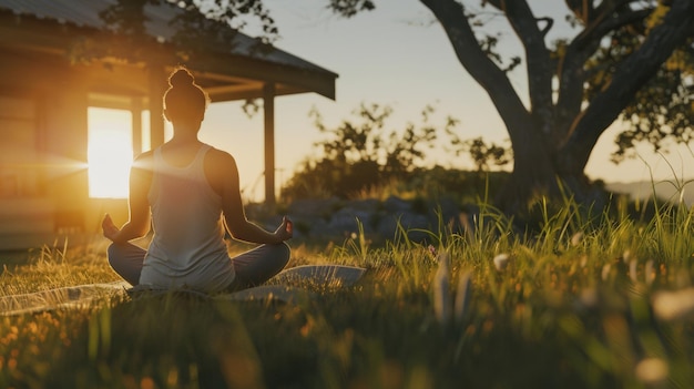 In het midden van een rustig gouden uur vindt een persoon vrede in meditatie bij een rustieke woning