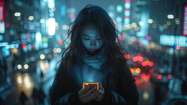 In het nachtelijke stadsbeeld staat een eenzame vrouw verlicht door de gloed van haar smartphone.