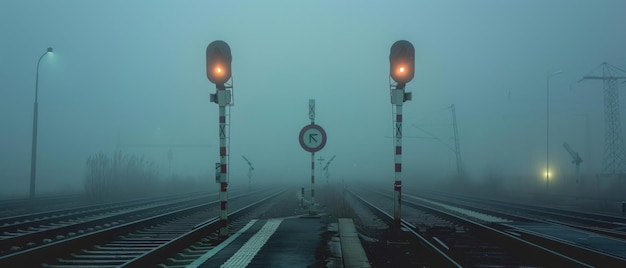 In het onbekende navigeren op een spoorwegovergang in de mist