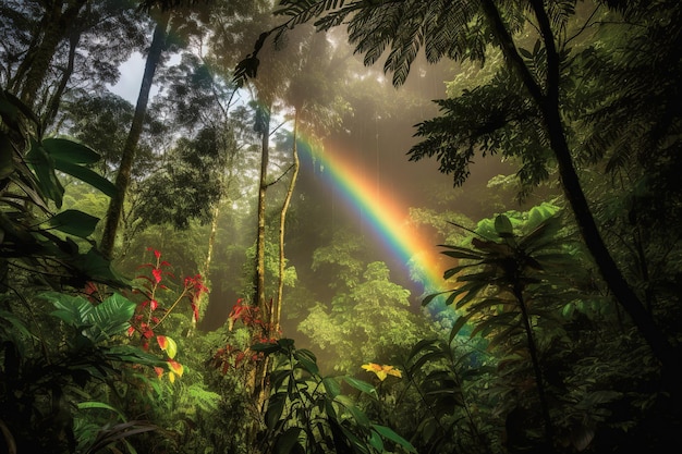 In het regenwoud is een regenboog te zien.