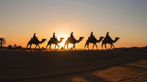 In het vervaagende licht van de zonsondergang weven kamelen en hun ruiters door de woestijn hun silhouetten die lange schaduwen op het zand werpen