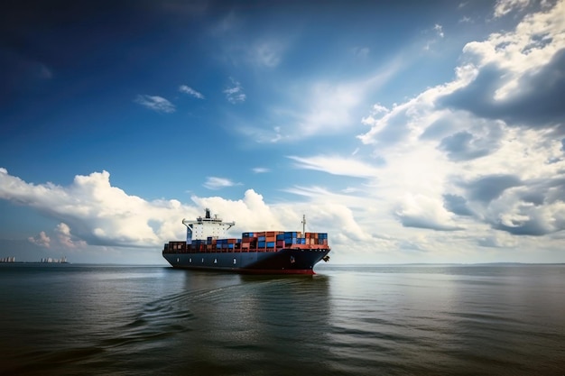 In het water vaart een containerschip.