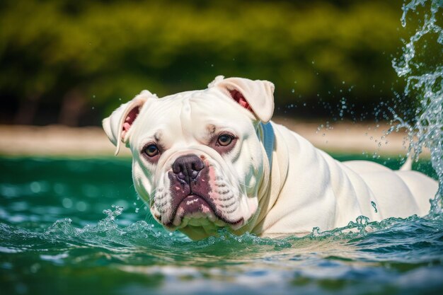 In het water zwemt een witte hond.