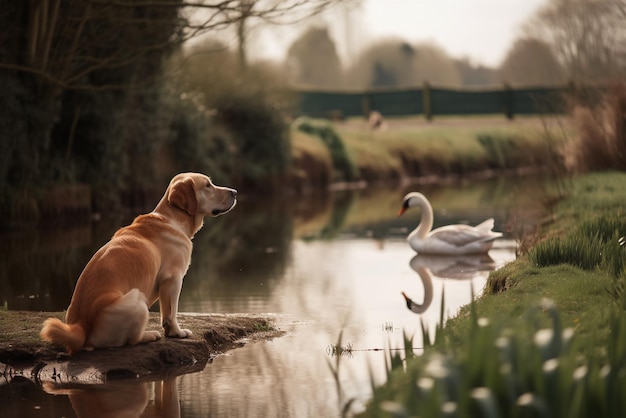 Foto in het water zwemt een zwaan