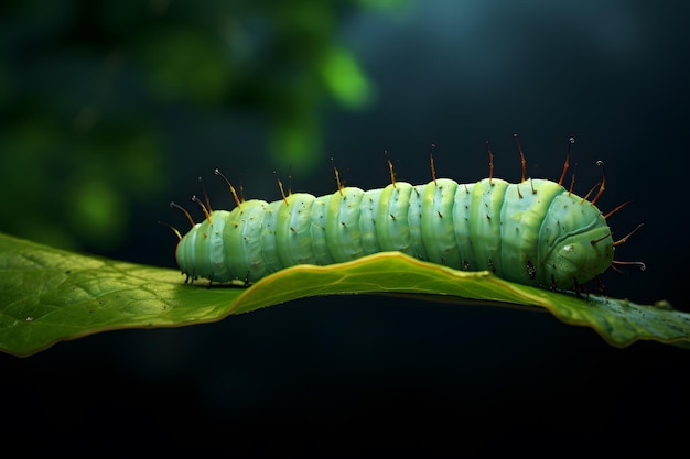 In het wild ontmoet je een rups op een blad in zijn natuurlijke habitat