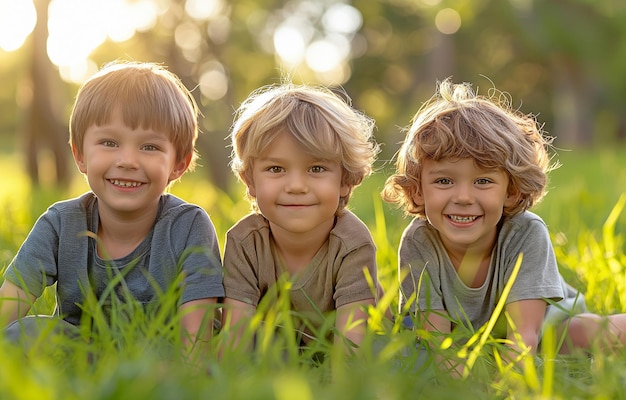 Foto in het zomerpark zitten vrolijke kleine jongens op het gras met vrienden of broers en zussen.