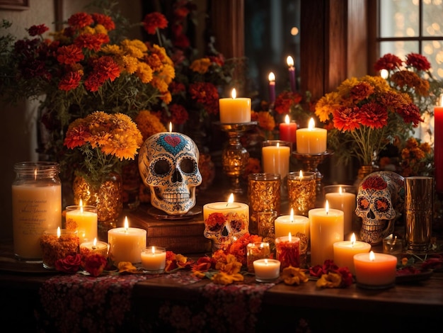写真 死者の日を偲んで マリーゴールドで飾られた静かなキャンドルの灯る祭壇