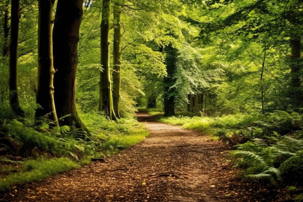 In Shakespeares Country een vredig tafereel met een breed pad tussen de bossen Oversley Woods Alcester Warwickshire Verenigd Koninkrijk