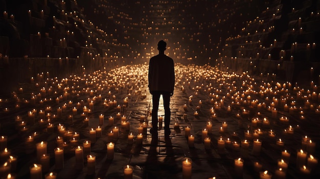 写真 暗闇の中で、床に置かれた1000本の灯りのついたろうそくの前を男性が歩いている