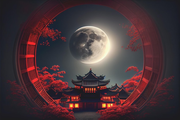 Фото В темную ночь древние китайские здания освещены дизайном полной луны для фона китайского новогоднего фестиваля 3d иллюстрация