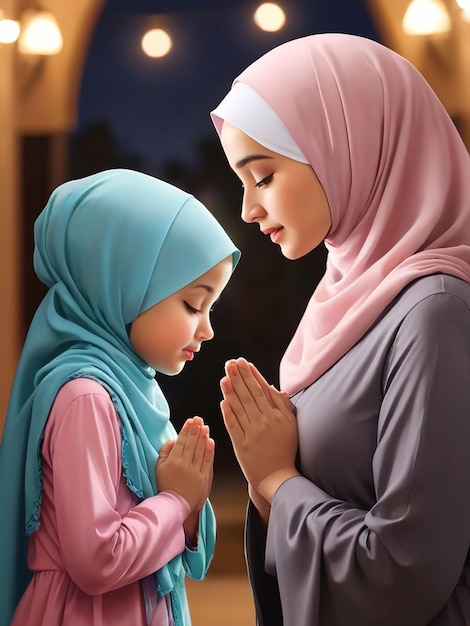 사진 저녁에 어머니와 딸은 히자브를 입고 기도하고 있습니다.