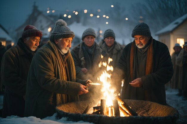 写真 冬の霜の真っ只中、村人たちは団結して火をつける儀式を執り行う。