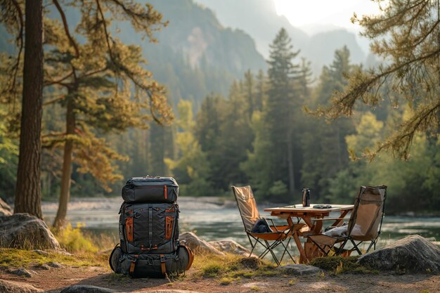 写真 in the morning riverside tent camping in the forest with a carryon bag and portable chairs