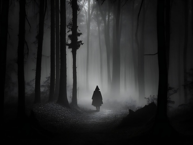 Фото В жутком лесу призрачный силуэт дуется в одиночестве, сгенерированном ии