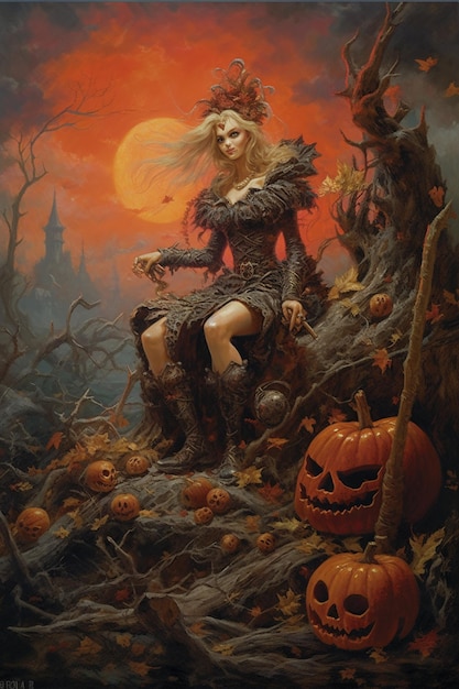 Фото В стиле подробной иллюстрации женщина в костюме хэллоуина стоит рядом с тыквой