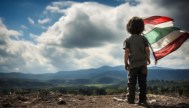 Фото На разрушенной войной земле сирии маленький ребенок гордо держит сирийский флаг.