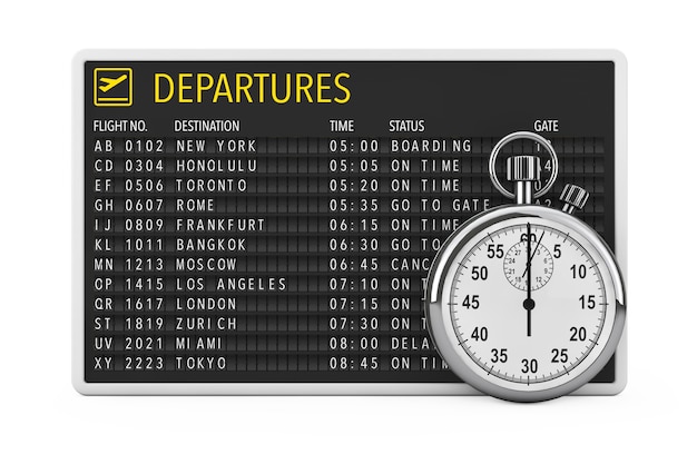 In Tijd Vliegconcept. Luchthaven vertrek tafel bord met stopwatch op een witte achtergrond. 3D-rendering