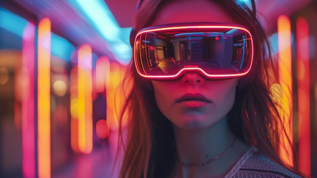 Фото В очках виртуальной реальности девушка играет в игру дополненной реальности концепция искусственного интеллекта в будущем vr очки с неоновыми огнями