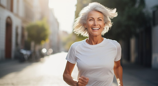 In vorm houden bij glimlachende vrouw van middelbare leeftijd tijdens een joggen in de stad