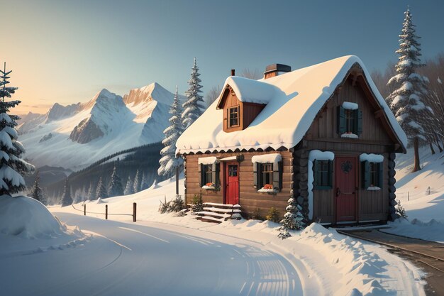 Фото Зимой крыша деревянного дома у подножия заснеженных гор покрыта толстым снегом.