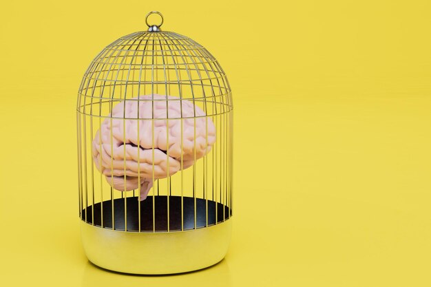 Inability to think normally brain in a cell on a yellow\
background copy paste copy space 3d render