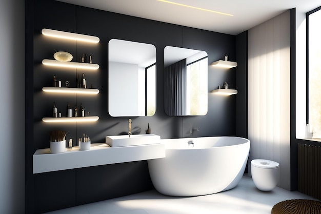 Inbouwwandplank met verborgen licht in moderne grijze wandbadkamer met rieten glazen scheidingswand witte ba