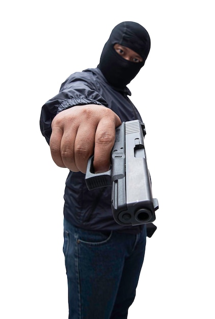 Inbreker of terrorist Holding pistool in verschillende poses op achtergrond geïsoleerd met uitknippad