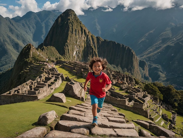 Photo inca children smilling and running in machu picchu view general shot