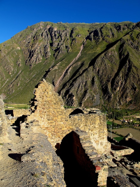 Inca ruïneert Ollantaytambo Urubamba Heilige Vallei Peru Zuid-Amerika