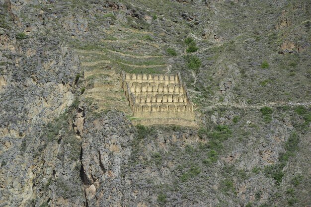 Inca-ruïnes van Ollantaytambo, een fort en stad van Inca's in Peru Oud gebouw in Heilige Vallei in de Peruaanse Andes