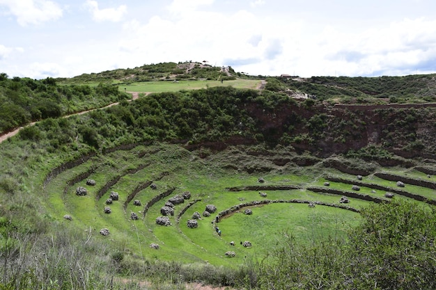 Moray의 잉카 테라스 각 층에는 자체 미기후가 있습니다. Moray는 Sacred Valley 근처의 고고학 유적지입니다.