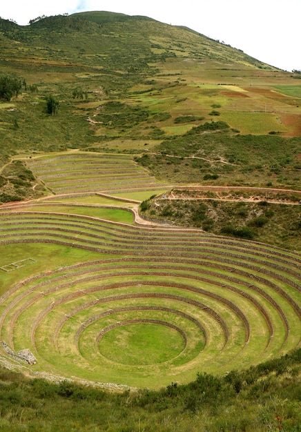 Incan Ruins of Moray, terraced rings on the high plateau of the village of Maras, Cusco, Peru