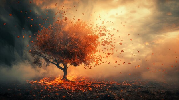 Incandescent Autumn Captivating 169 View of a Tree Enveloped in Smoky Flames