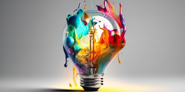 Incandescent light bulb colorful paint pouring on white background