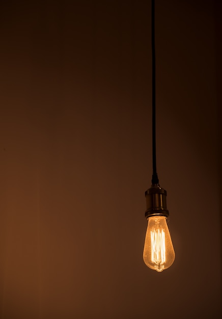 Incandescent light bulb is hanging decorated interior room.