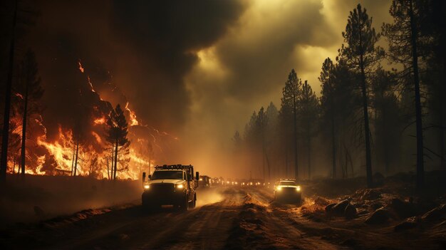 Photo incendio forestal con bomberos coches de bomberos y voluntarios