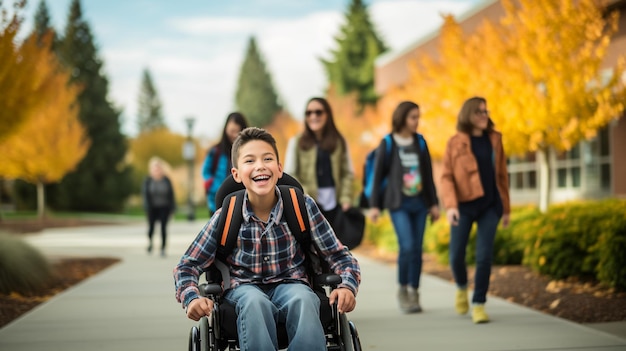 Photo inclusive back to school teen in wheelchair with friends generative ai