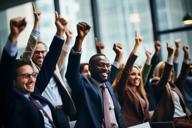 Photo inclusive business consensus diverse professionals unanimously express opinions with raised hands i