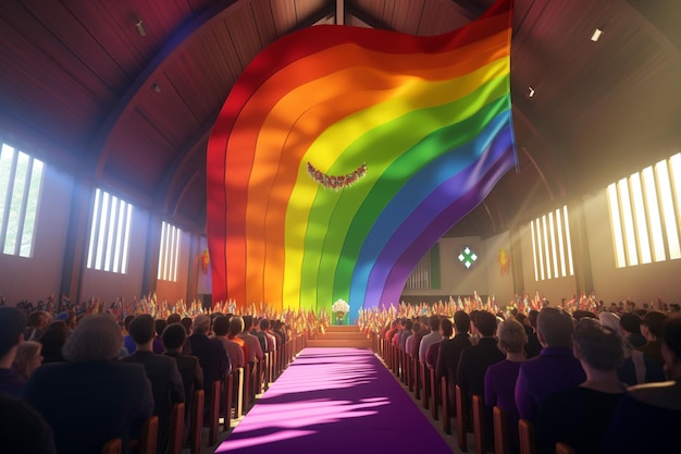 写真 虹の旗を掲げた教会の礼拝