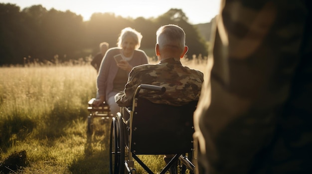 包括的な家族の時間 車椅子に乗った退役軍人が愛する人たちと美しい草原を楽しむ