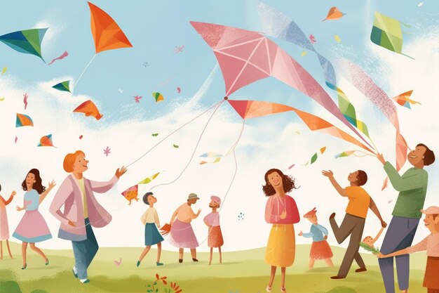 An inclusive image of people from different age groups building and flying kites in a park