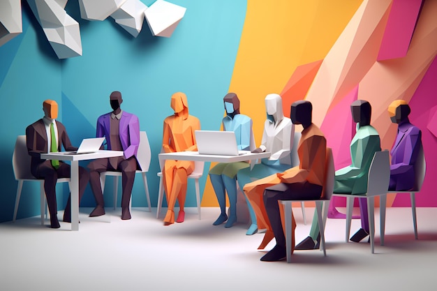 Inclusive Workplace Hiring Scene Multicultureel sollicitatiegesprek in LowPoly-stijl