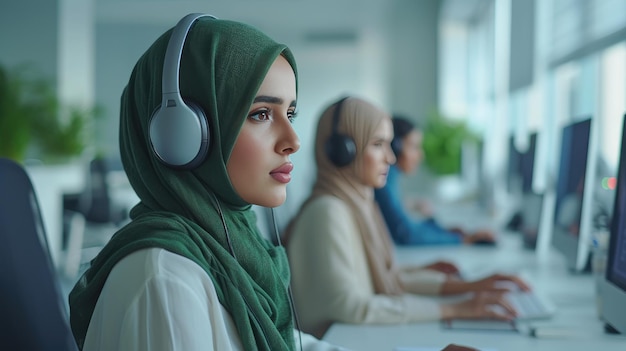 Photo inclusive workplace muslim woman in white office with computer