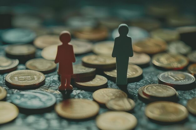 Photo income inequality concept shown with male and female figurines and piles of coins