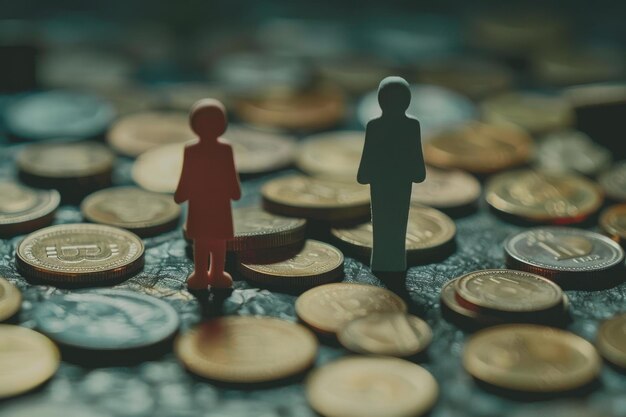 Income inequality concept shown with male and female figurines and piles of coins