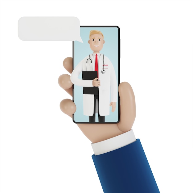 Incoming call from a doctor on a smartphone screen. Service call. Online medicine concept. 3D illustration in cartoon style.