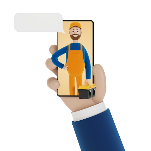 スマートフォンの画面での着信1時間の夫電気技師の配管工の大工が漫画のスタイルで3Dイラストを作業するために職長に電話をかけます