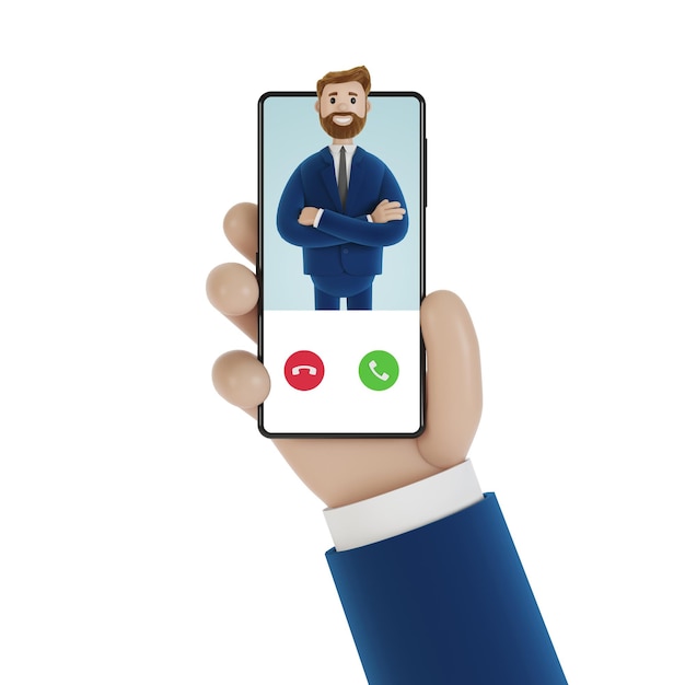 Incoming call on the smartphone screen. Service call. 3D illustration in cartoon style.