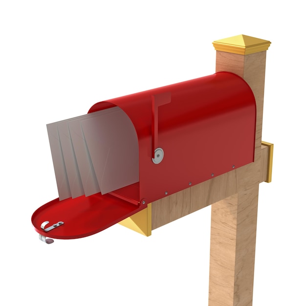 Входящая почта Красный почтовый ящик с письмом, изолированным на белом фоне