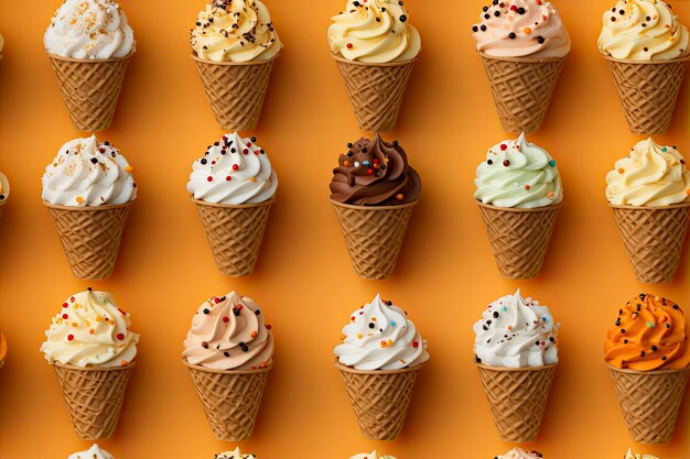 Incorporate a variety of waffle cones with different ice cream flavors ai generated